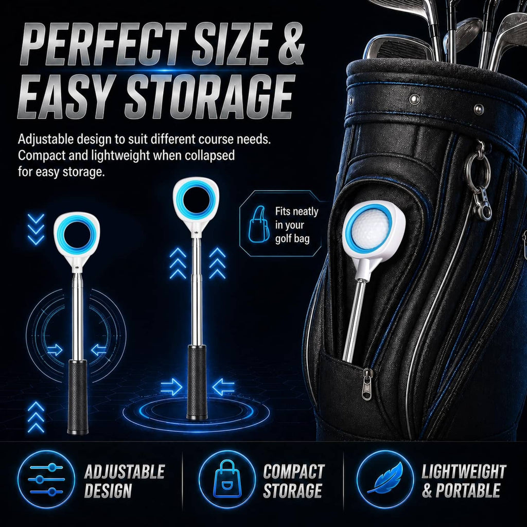 Adjustable compact pressure golf ball retriever with blue end ring and telescoping sections