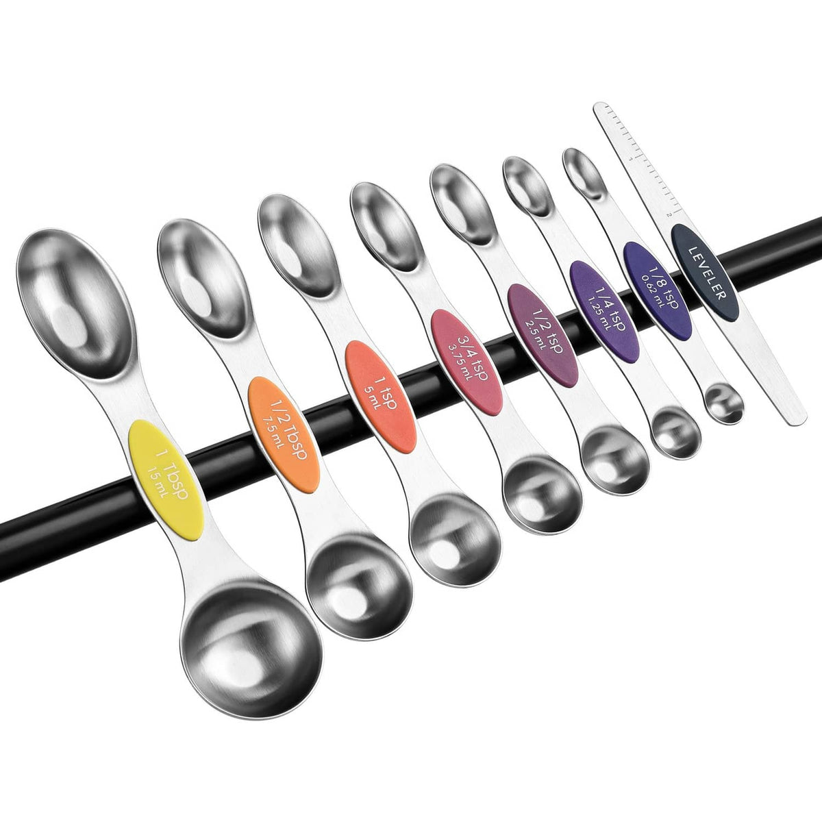 Stainless steel magnetic measuring spoons on a black bar with color-coded heads
