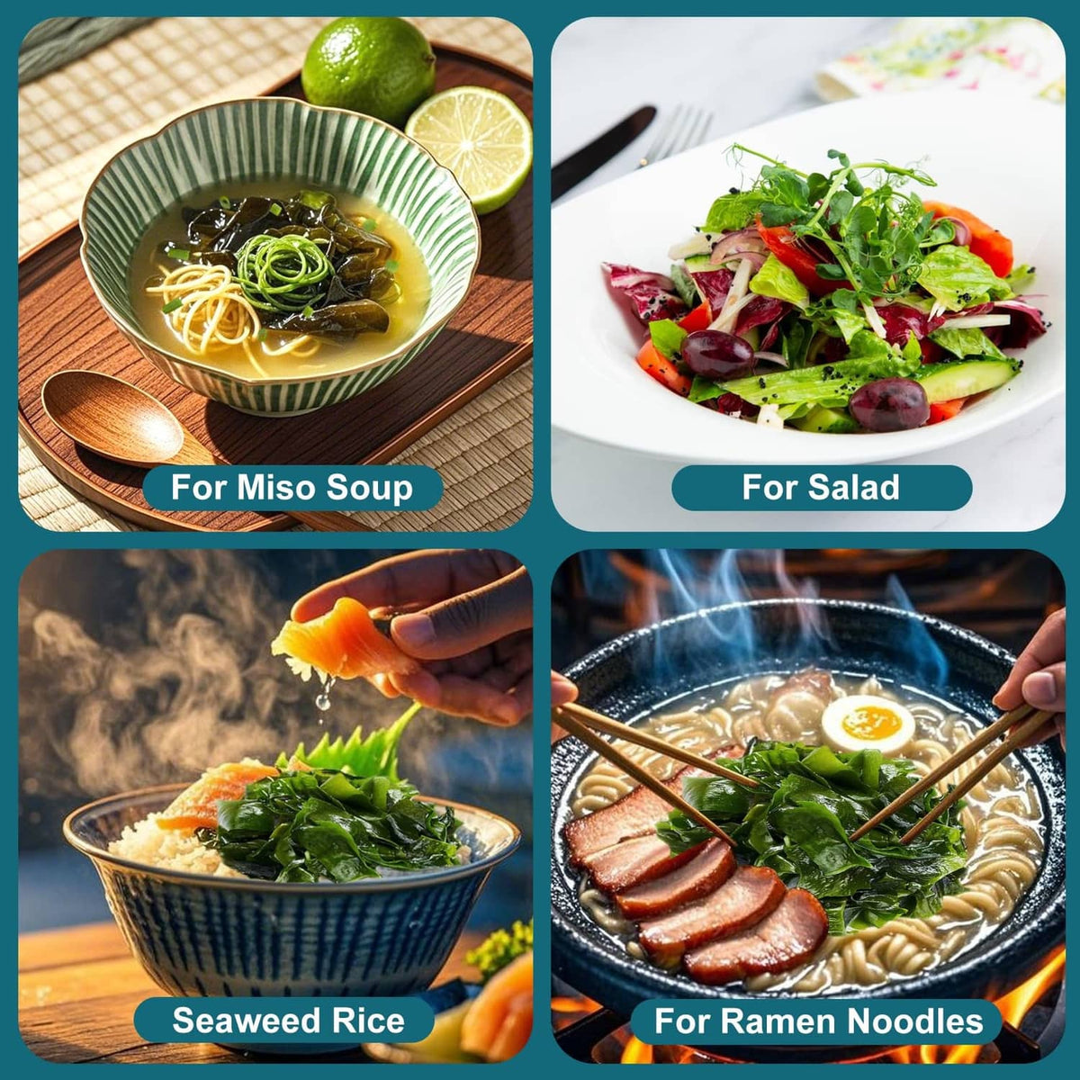 Wakame seaweed dishes set: miso soup, salad, seaweed rice, and ramen with seaweed
