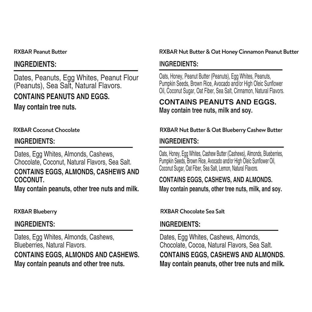 RxBAR ingredient panels for assorted 12 g protein bar flavors
