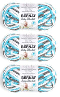 Bernat baby blanket yarn skeins, light blue white gray striped super bulky