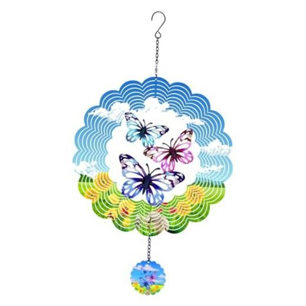 Hanging butterfly wind spinner with blue scalloped ring and pink and blue butterfly motifs