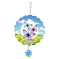Hanging butterfly wind spinner with blue scalloped ring and pink and blue butterfly motifs