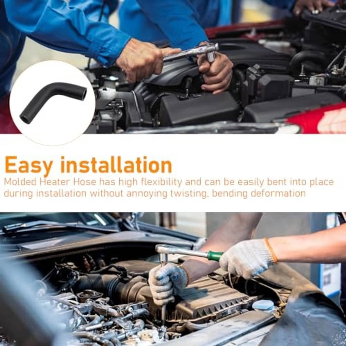 Black molded rubber hose elbow being installed near an engine bay