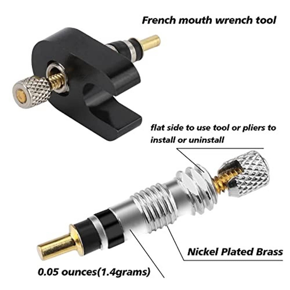 Black valve core wrench tool with nickel-plated brass tip and threaded core piece