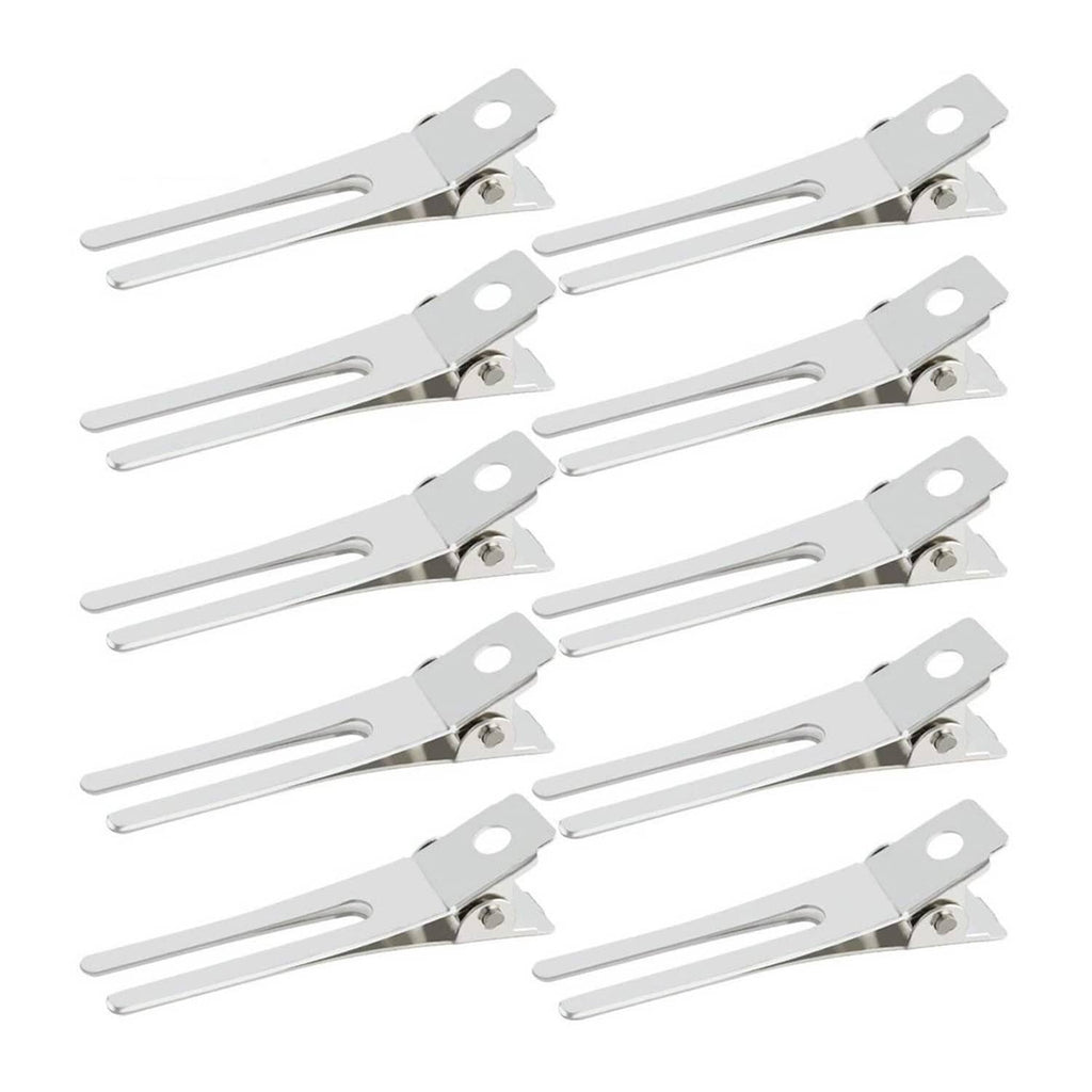 Set of silver double-prong hair curl setting clips, multiple hinged bars