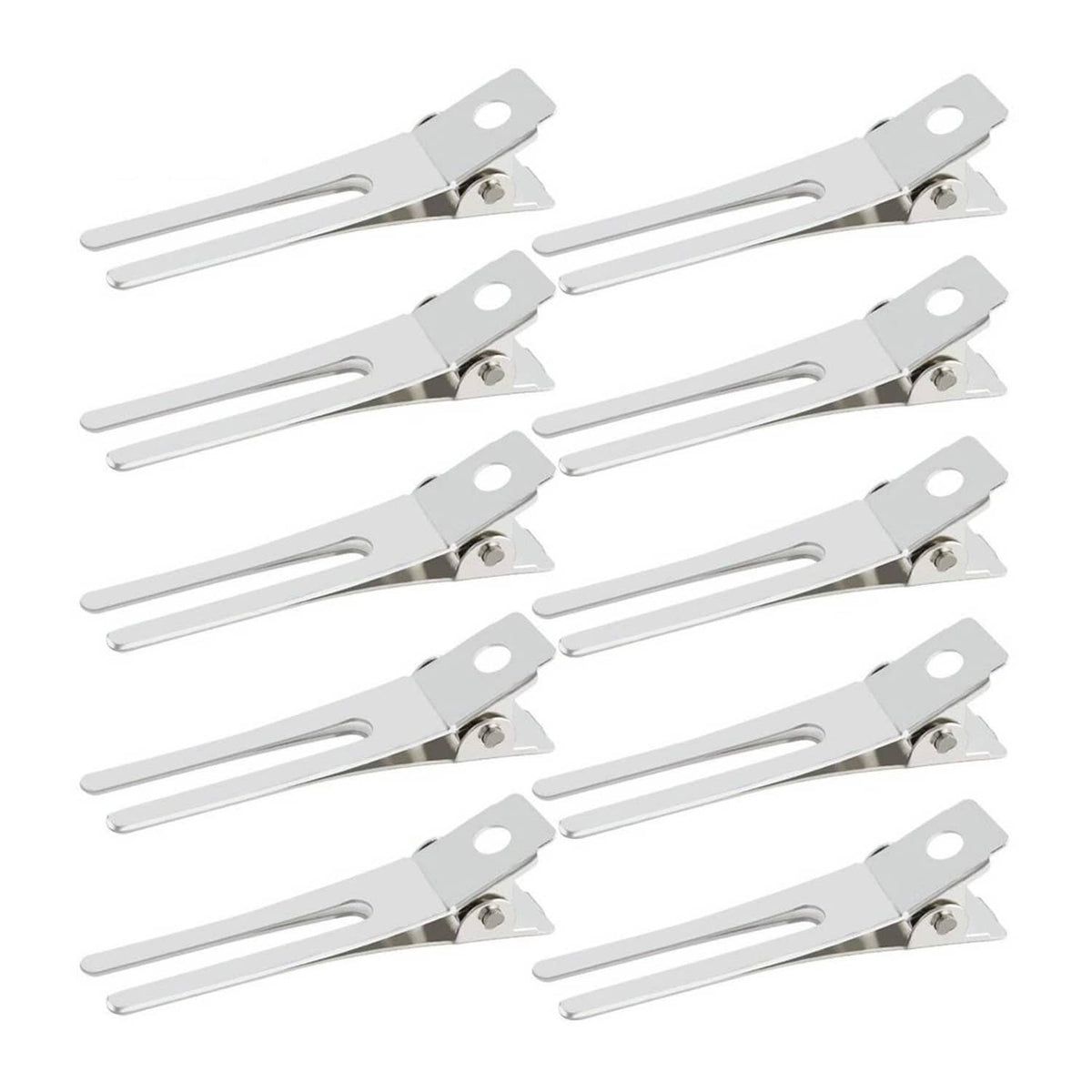 Set of silver double-prong hair curl setting clips, multiple hinged bars