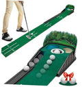 Indoor green golf putting mat with ball obstacles and raised cup at one end