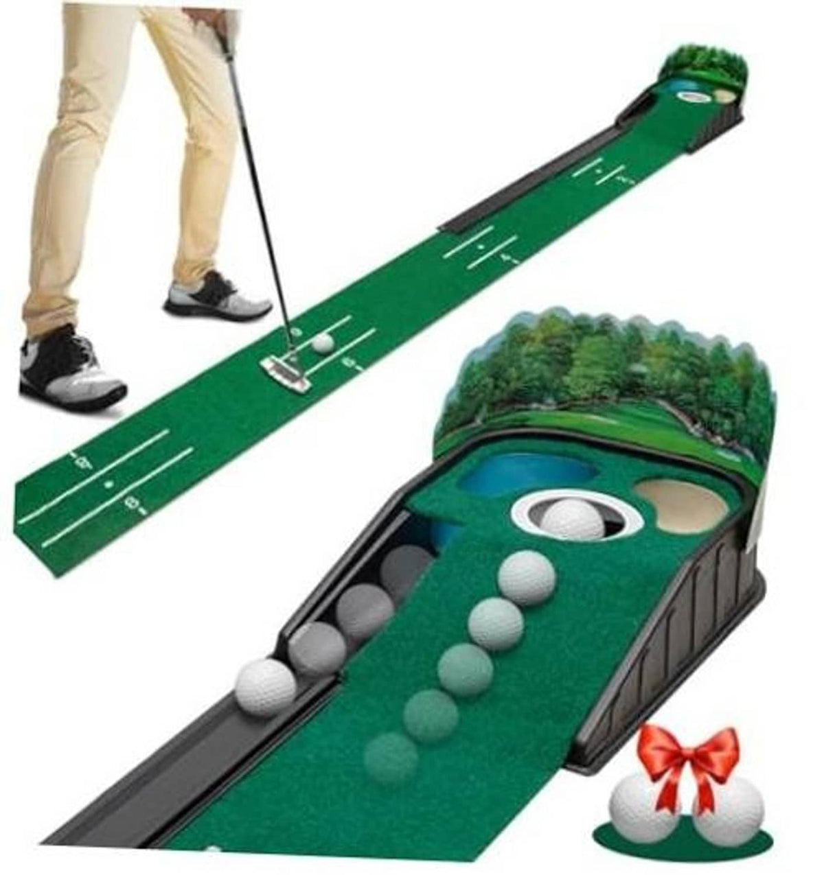Indoor green golf putting mat with ball obstacles and raised cup at one end