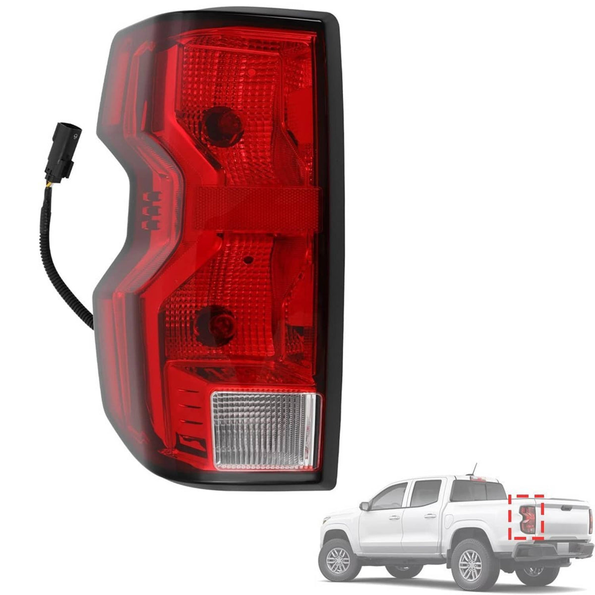 Single red and clear tail light with chrome-like lower reflector and black housing