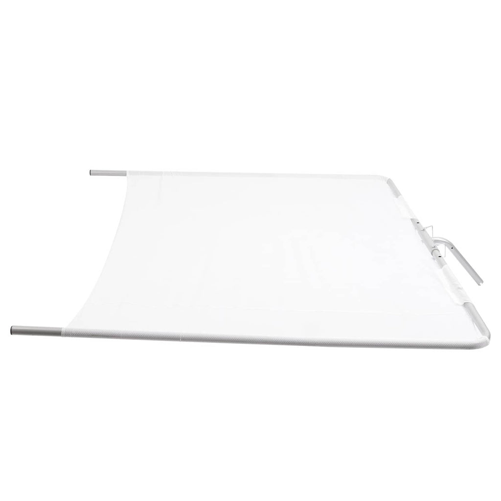 White boat sun shade with silver aluminum frame and mesh panel on side