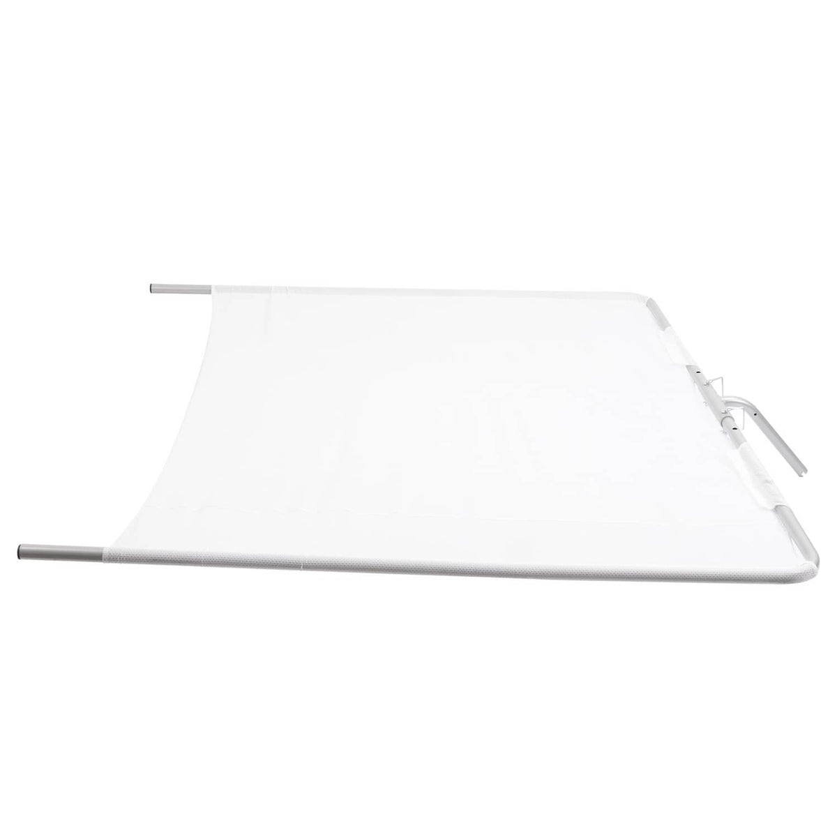 White boat sun shade with silver aluminum frame and mesh panel on side