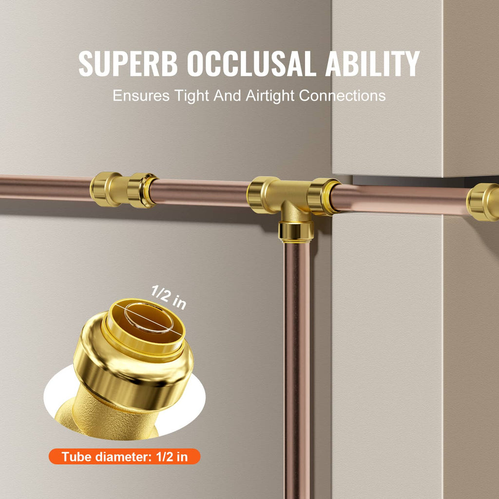 Gold brass straight-through push-fit fitting on 1/2 in tube with tight seal