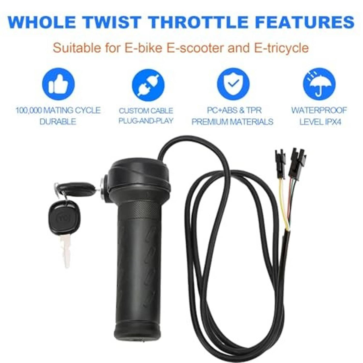 Black twist throttle grip kit with key switch and bundled cable harness