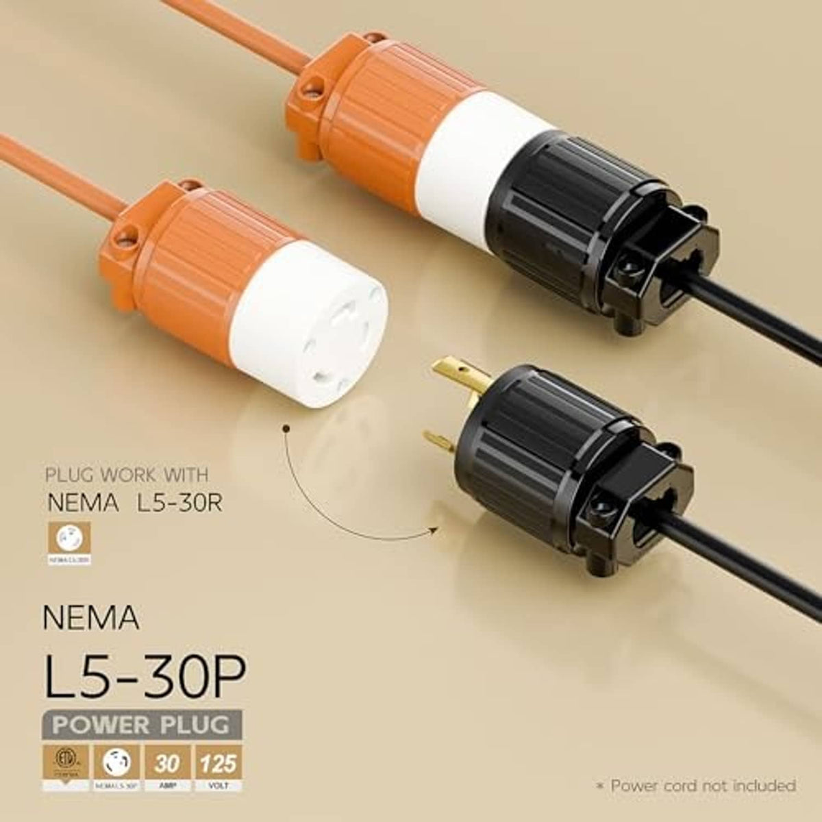 Nema L5-30P locking power cord connector end with gold prongs and black plug housing