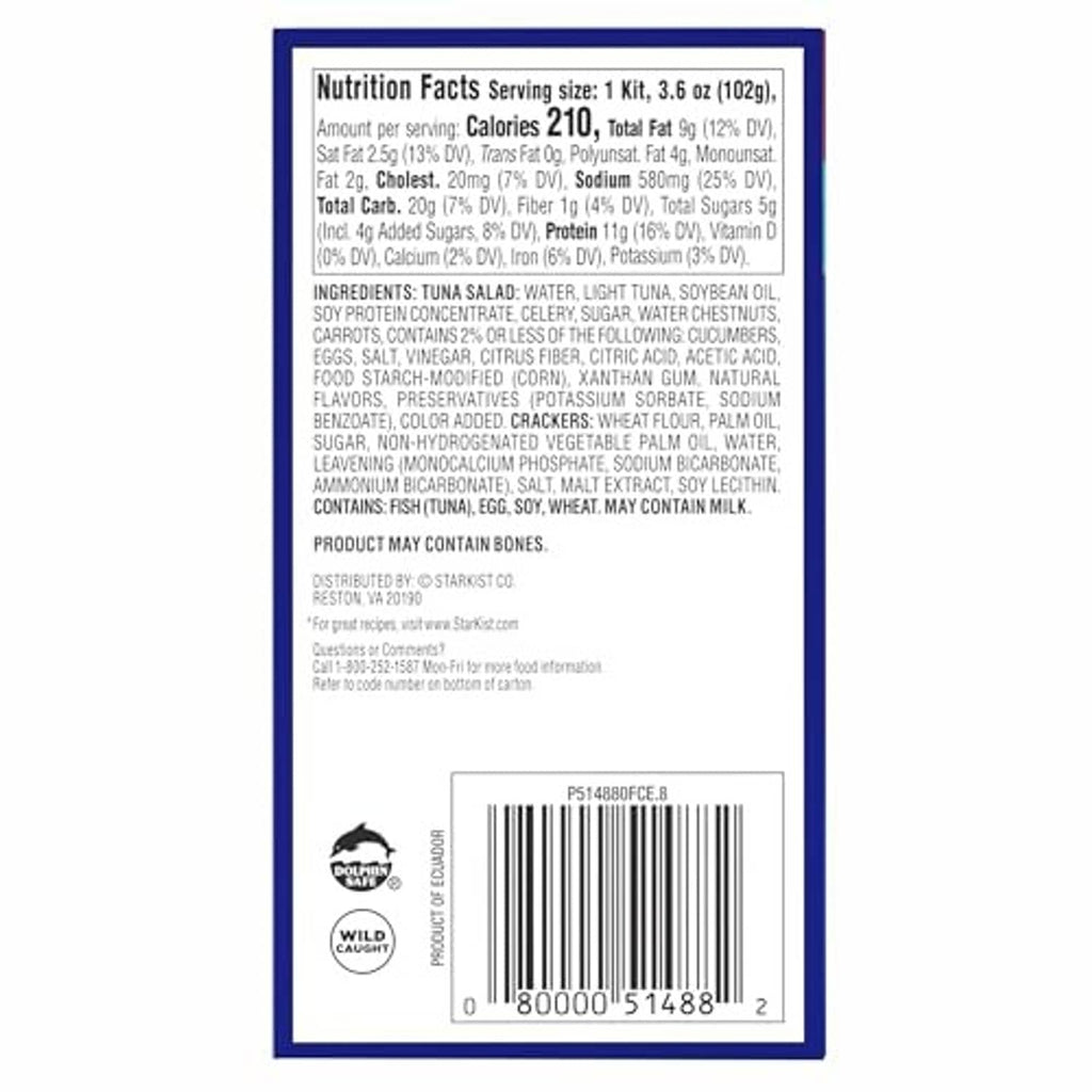 Back panel of StarKist Snack-To-Go classic tuna salad kit with nutrition facts