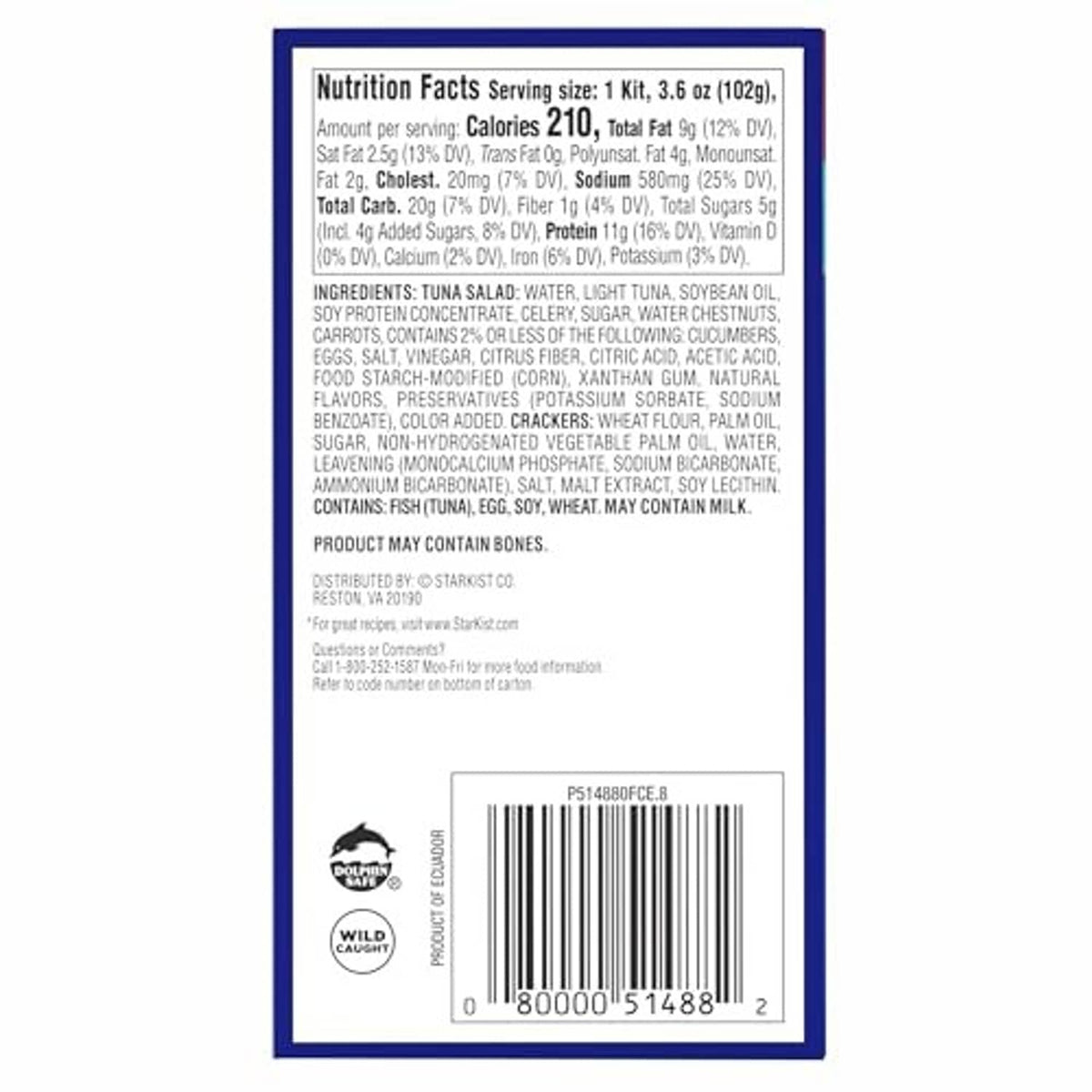 Back panel of StarKist Snack-To-Go classic tuna salad kit with nutrition facts