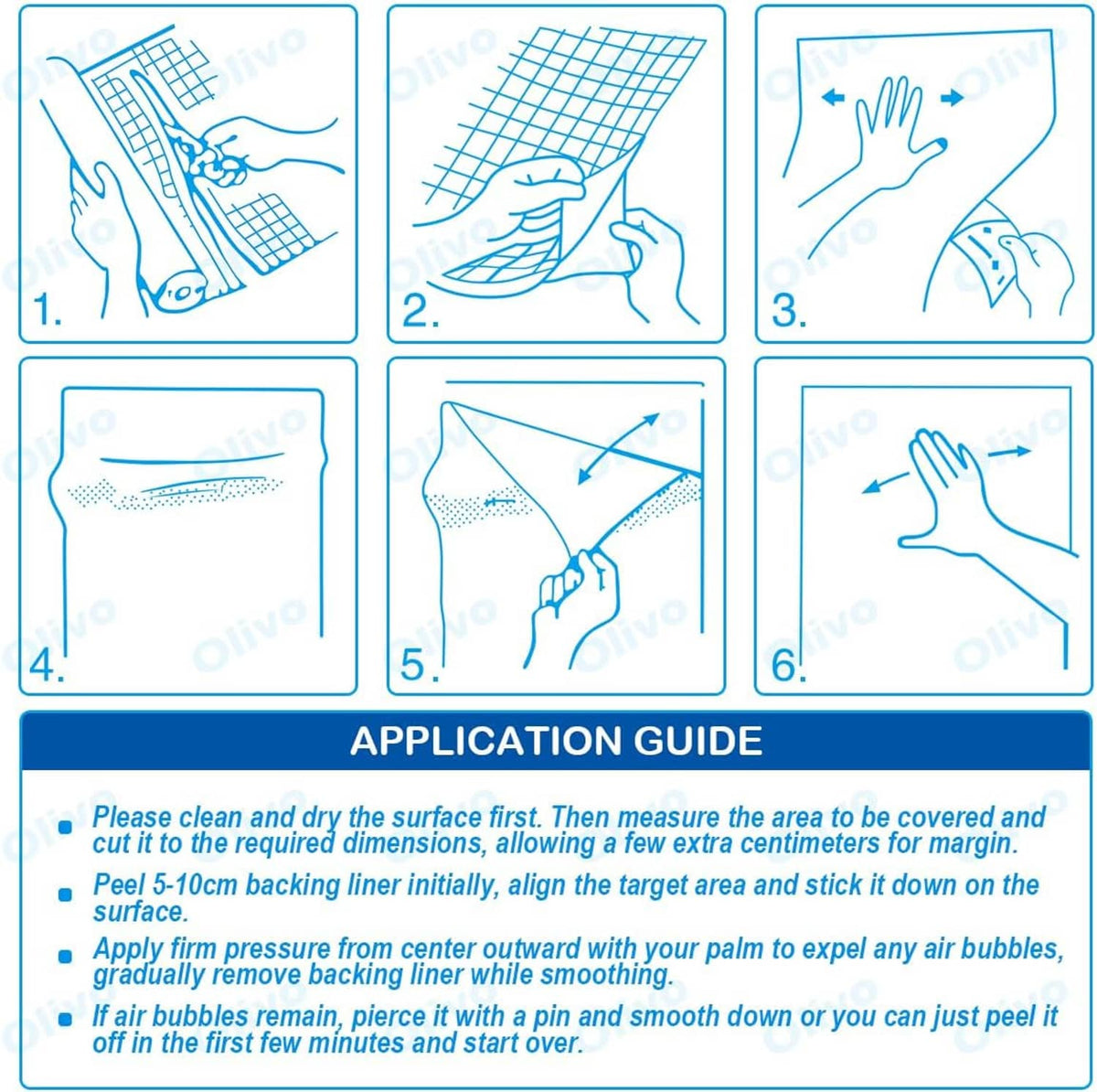 Contact paper application guide with numbered steps for cleaning and smoothing