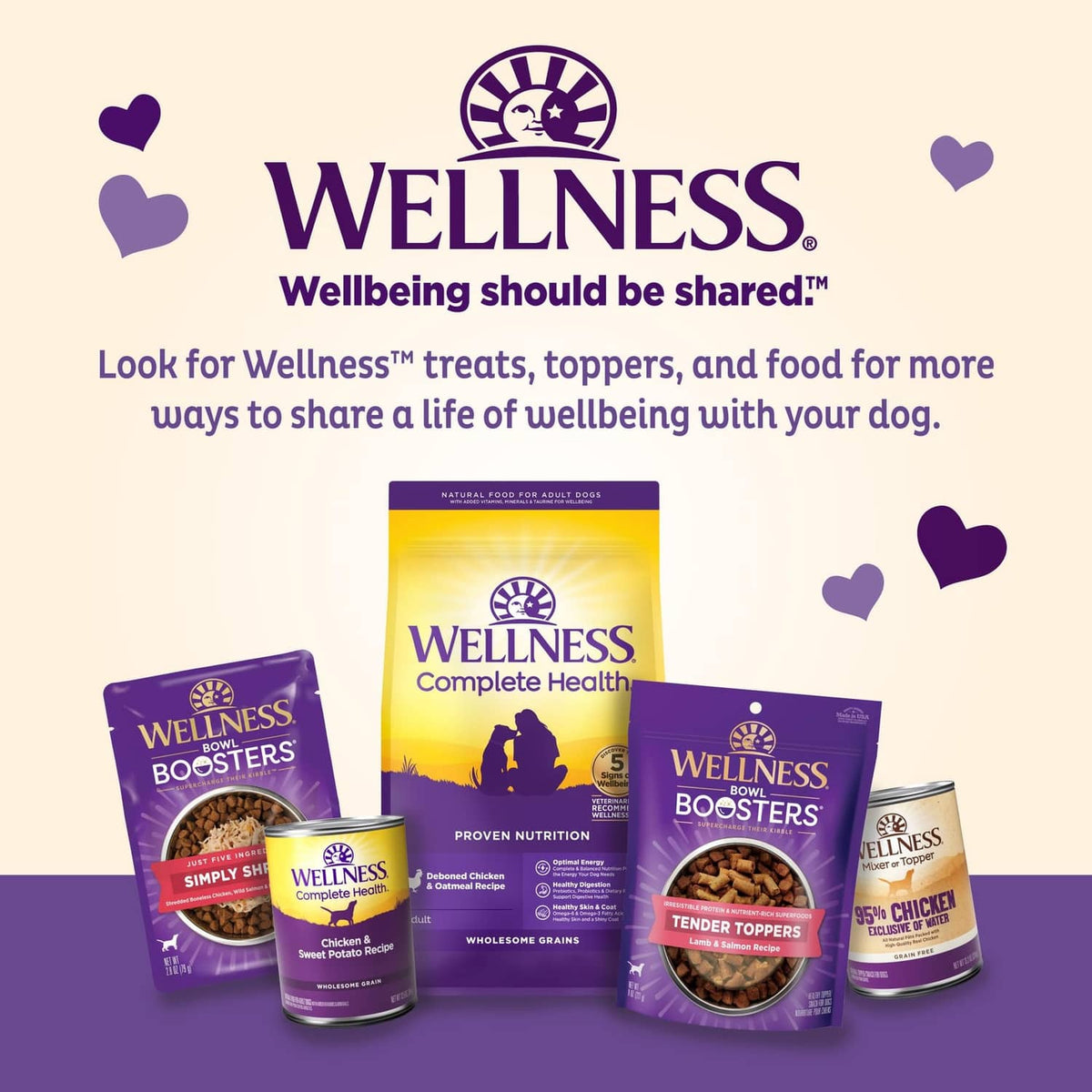 Wellness dog treat assortment graphic with multiple pack sizes