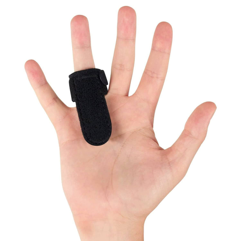 Black finger splint brace worn over the ring finger.