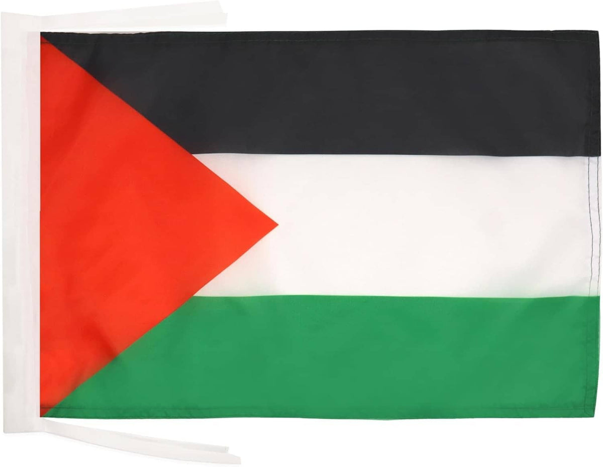 Palestinian flag banner with cords: red, white, black, green