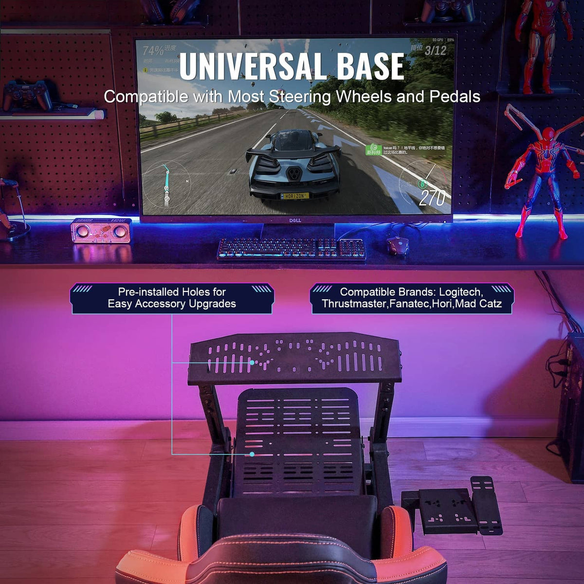 Racing simulator cockpit base with orange-and-black seat and mounted steering setup