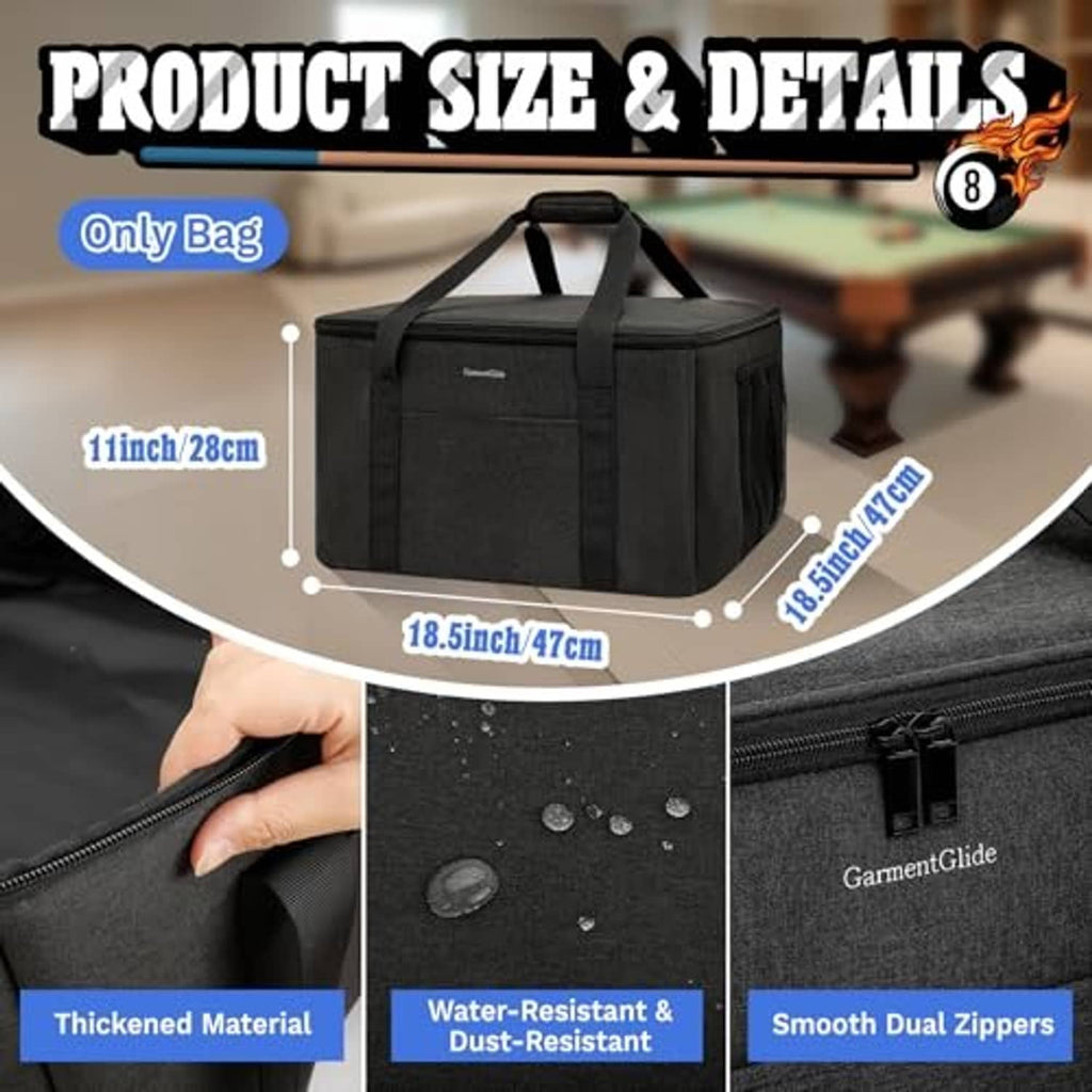 Black storage bag with zippered lid and front pocket panel detail