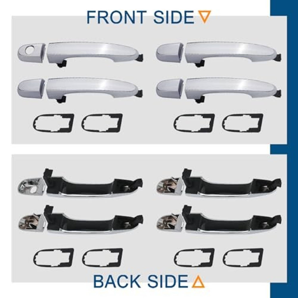 Door handle set diagram showing front and back sides, chrome pieces with pads
