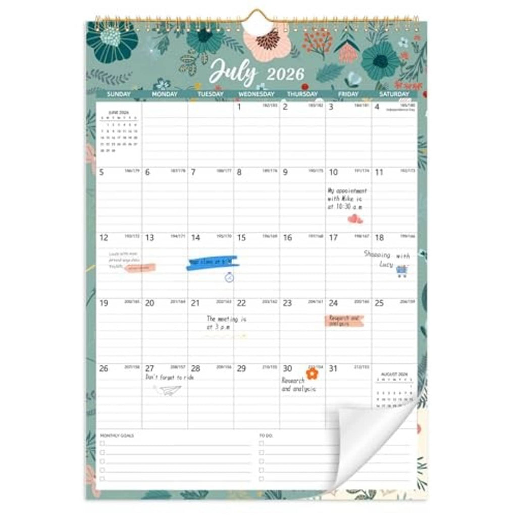 Floral 18-month wall calendar showing July 2026, daily grid with hanging wire top