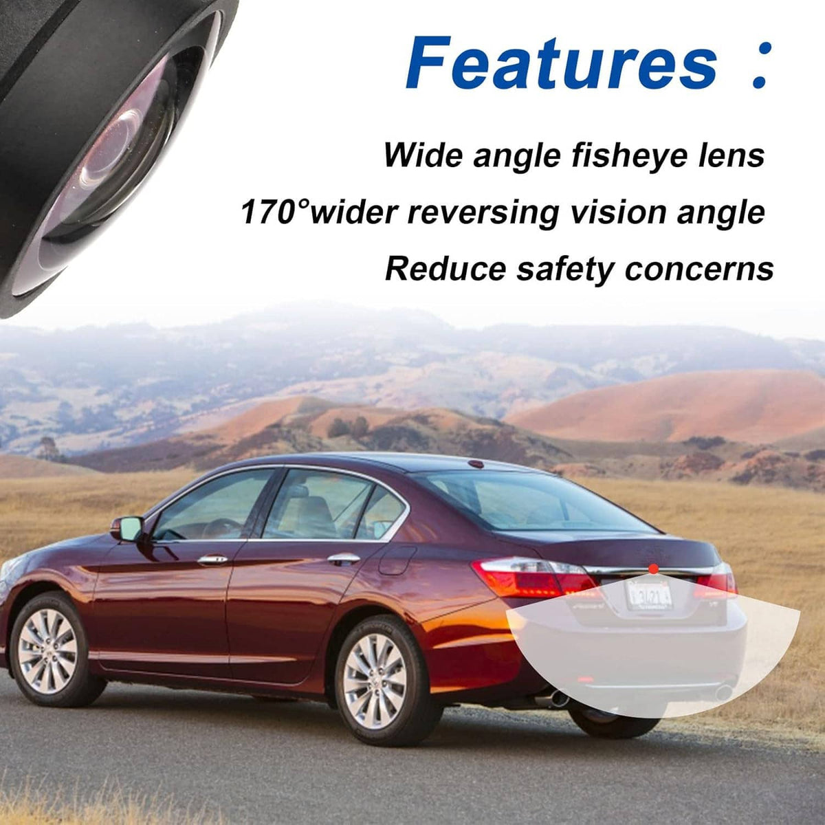 Backup camera lens housing shown with wide-angle fisheye lens