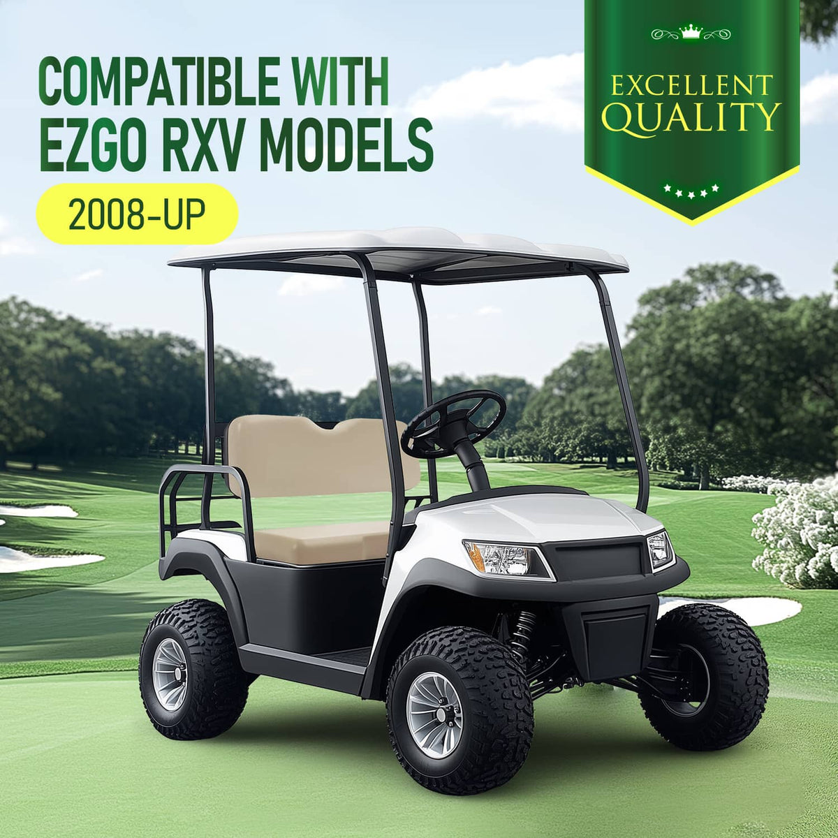 Tan seat cushion and seat back cover on EZGO RXV golf cart, front view