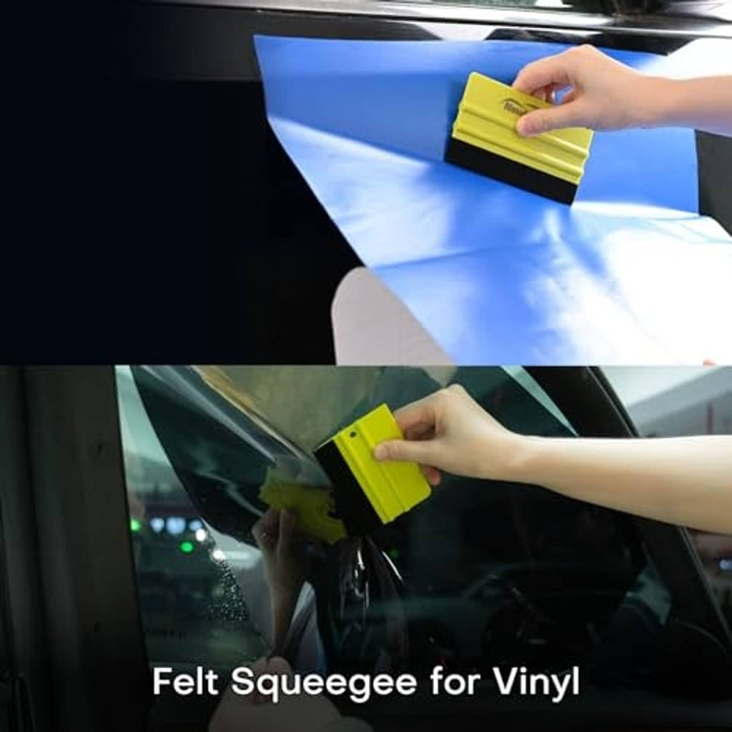 Felt squeegee applying vinyl wrap film on car window, hand smoothing