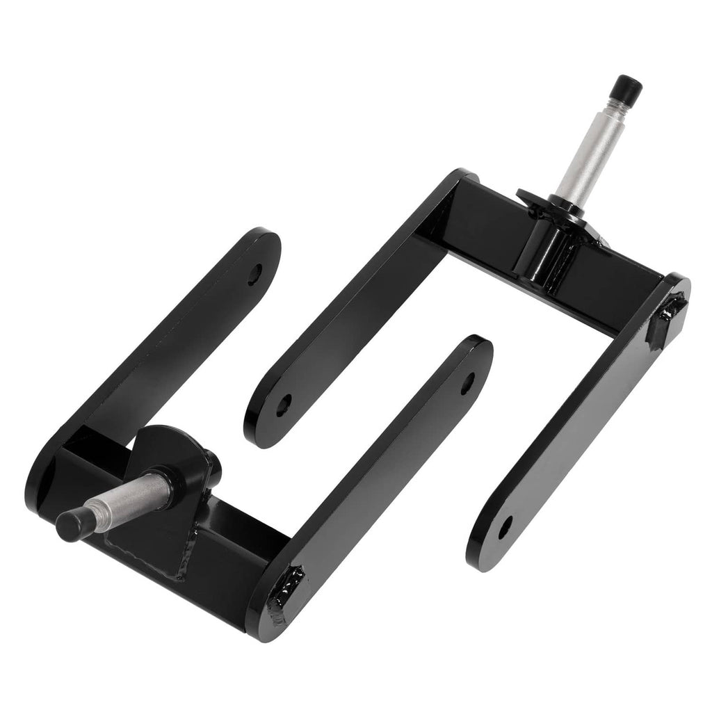Black steel mower fork mount set with cylindrical axle and mounting holes