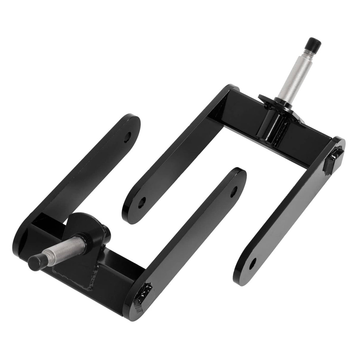 Black steel mower fork mount set with cylindrical axle and mounting holes