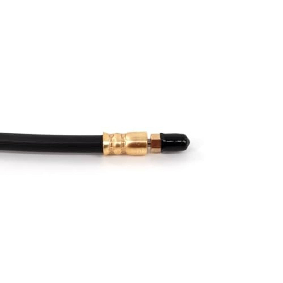Black flexible brake hose with brass connector and rubber end seal detail