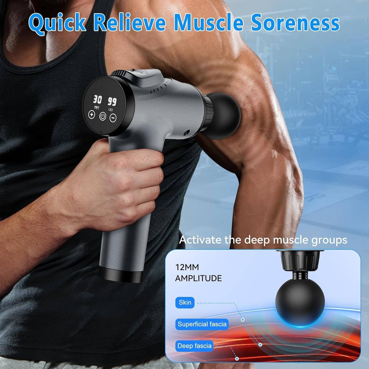 Handheld electric massage gun held at the neck and shoulder with deep-tissue ball head