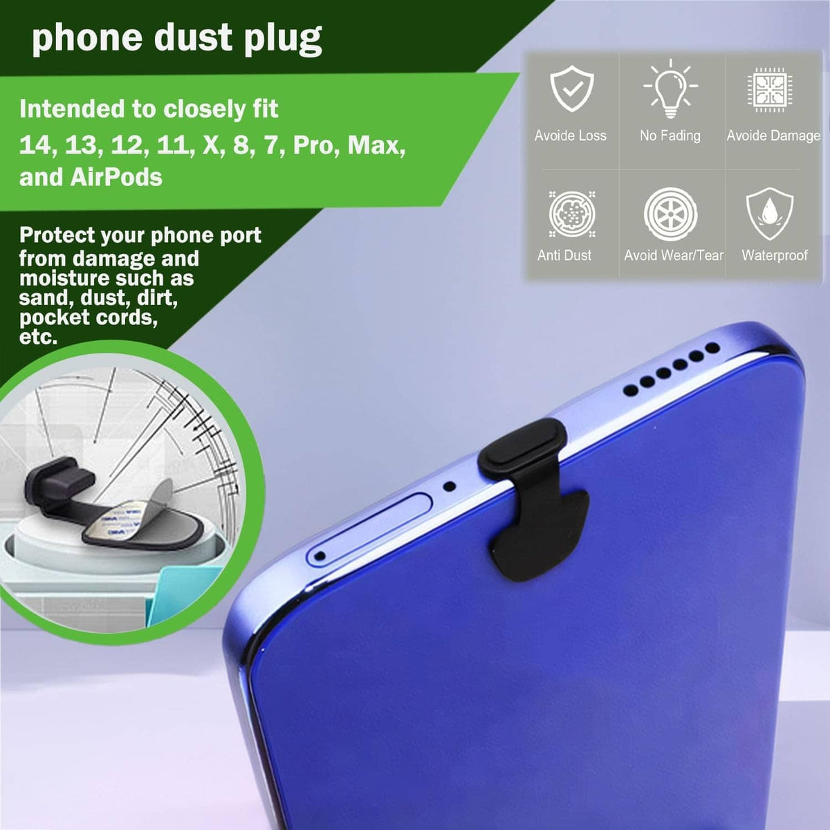 Black charging-port dust plug covers on a phone, set for port protection