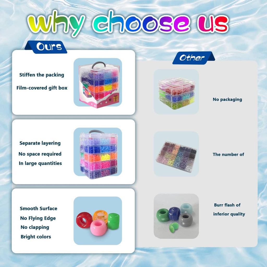 Stackable pony beads storage packaging concept with colorful bead set shown
