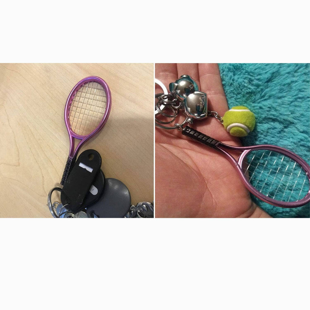Mini tennis racket keychain set on hand: purple racket, blue-green strings, green tennis ball