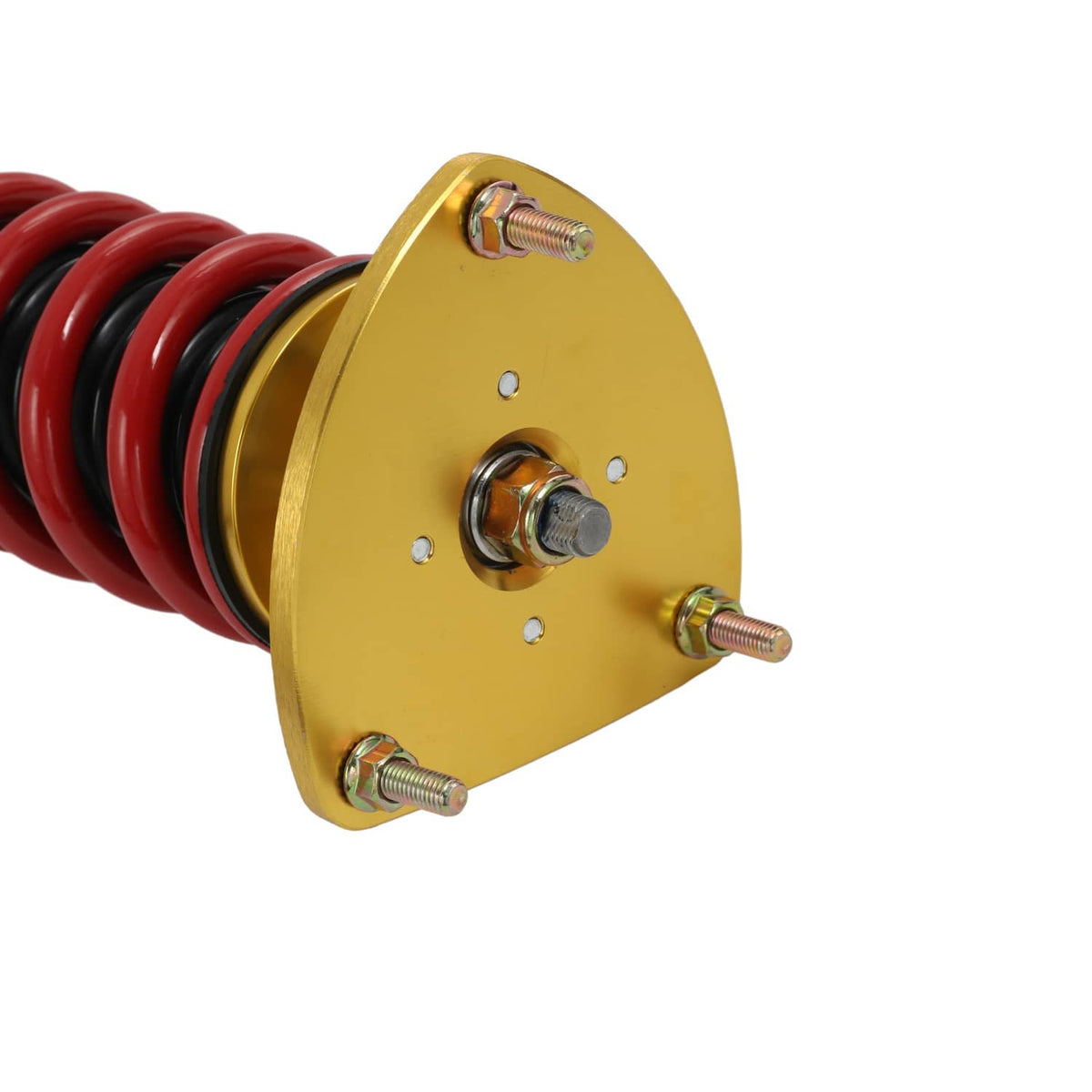 Coilover strut top plate with red spring coils and gold mounting hardware