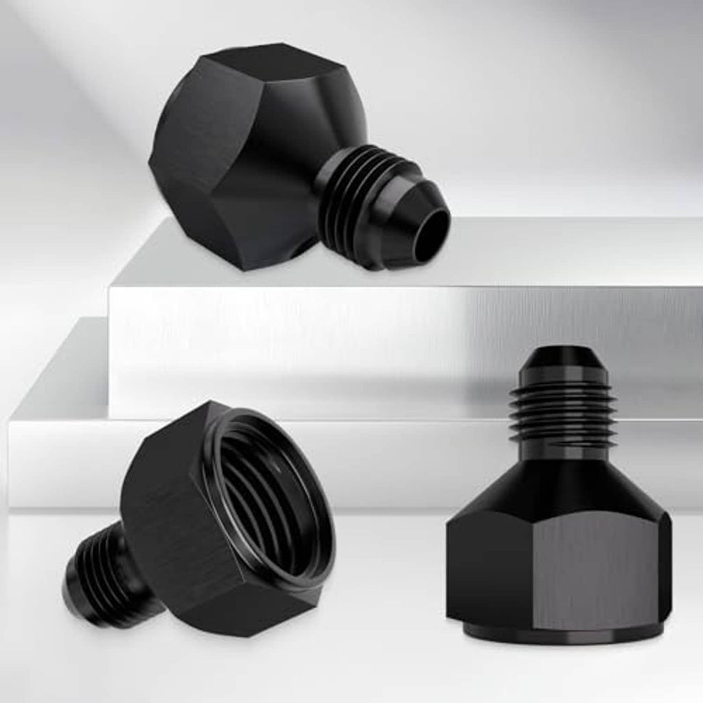 Black AN hose reducer fitting with hex body and threaded male connection ends