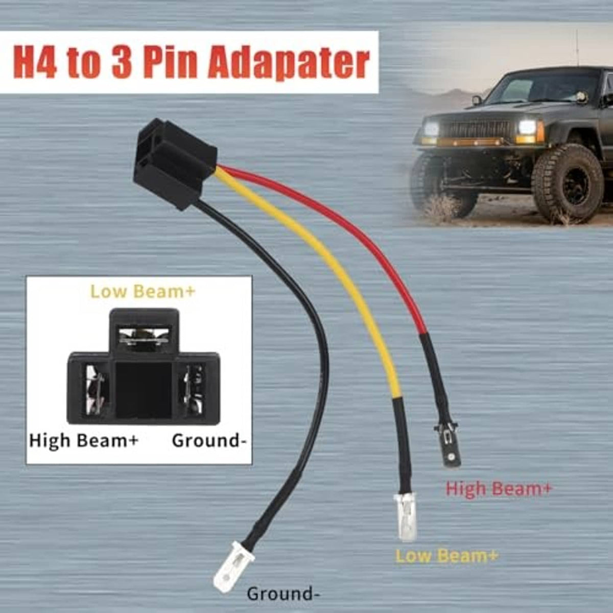 Headlight wiring adapter harness with black H4 connector, red/yellow wires, and white pin ends