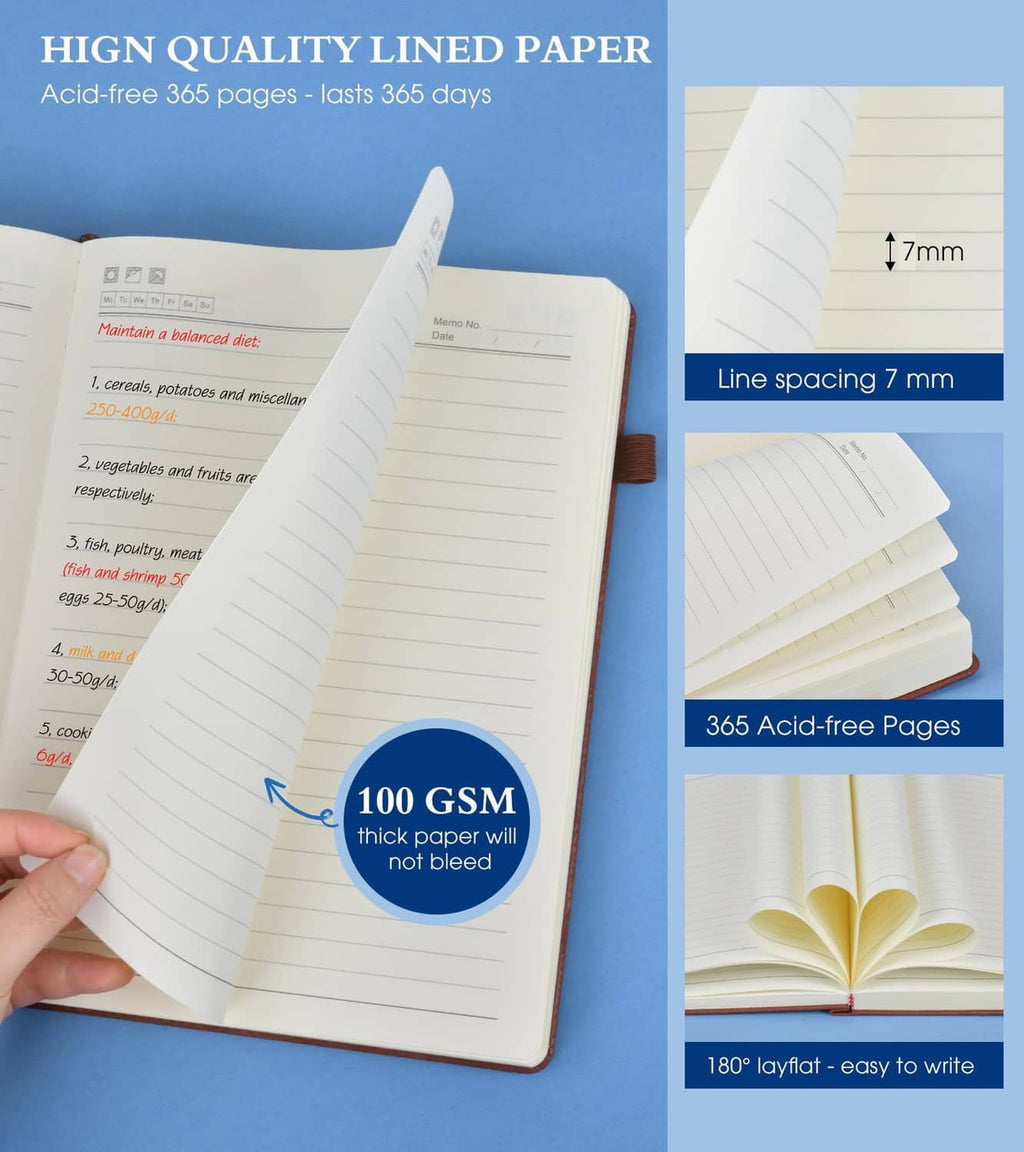 Brown lined journal notebook with acid-free ruled pages and 7mm line spacing