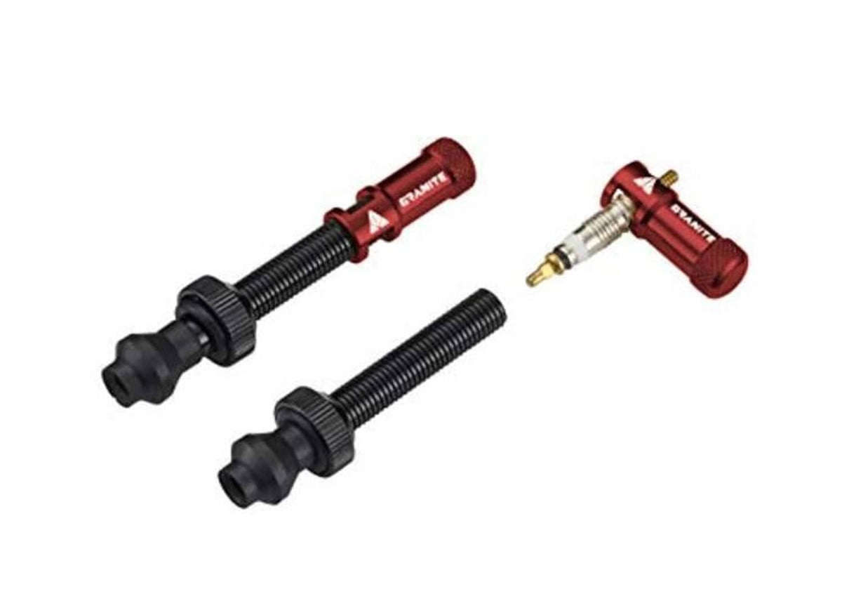 Red Presta valve cap and stem set with two caps plus a connected valve tool
