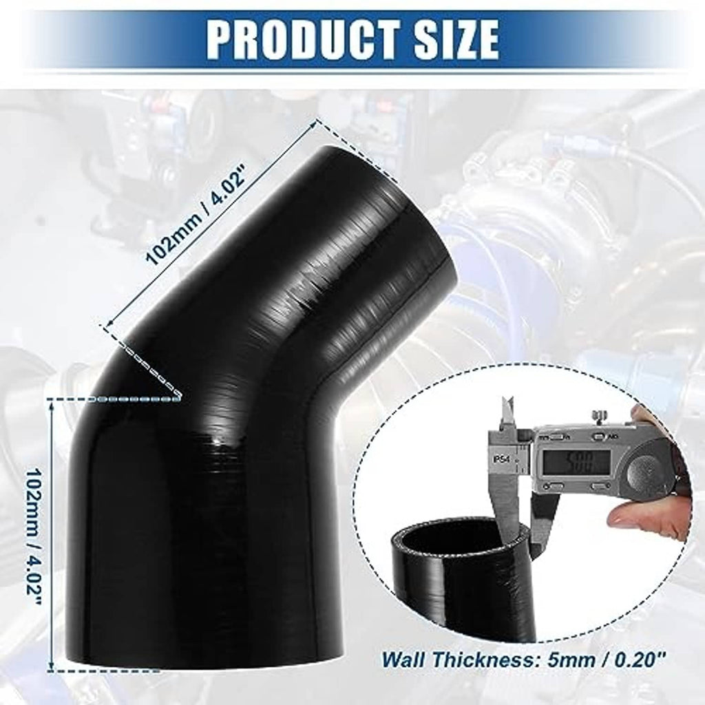 Black 45-degree silicone hose elbow reducer, curved coupler reducer shape