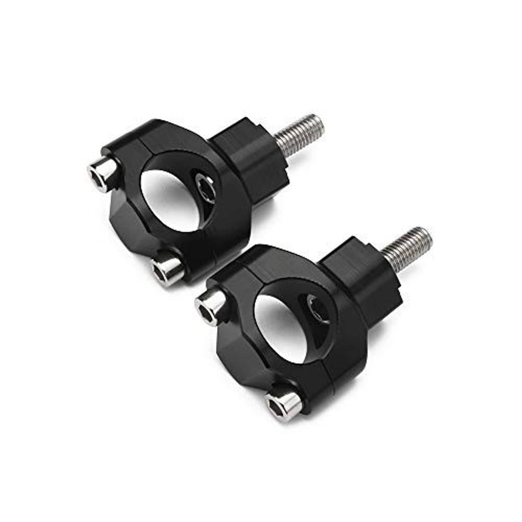 Two black handlebar mount clamps with circular bar clamp opening and bolts