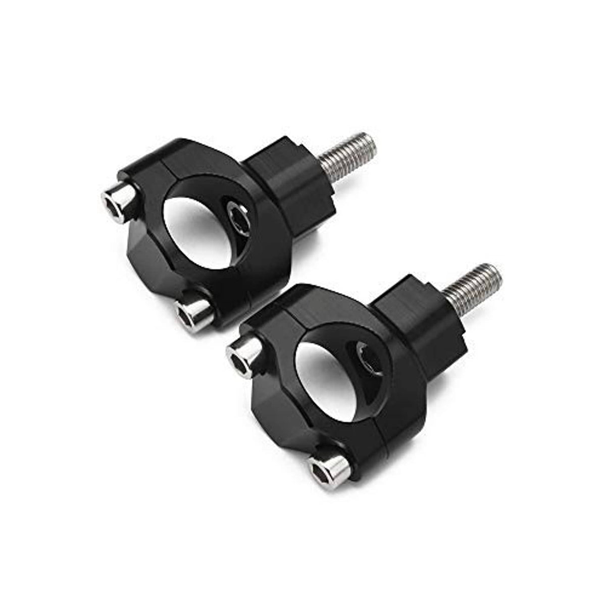 Two black handlebar mount clamps with circular bar clamp opening and bolts