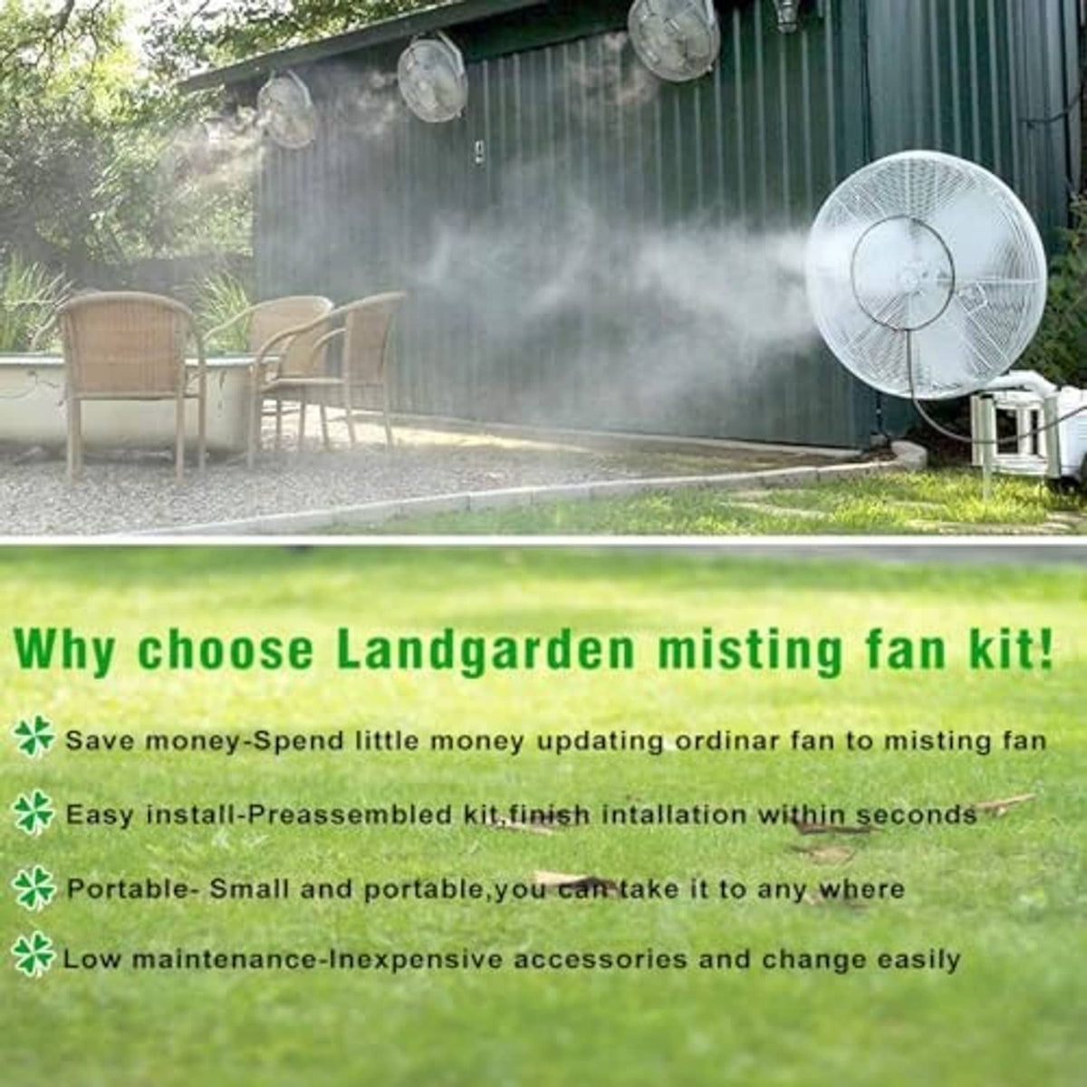 Outdoor pedestal misting fan with visible mist cloud across patio seating