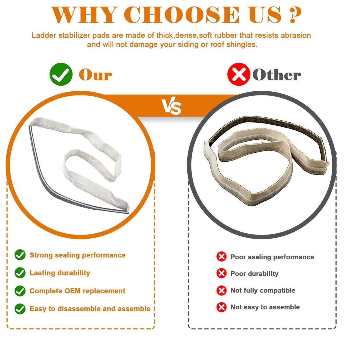 Comparison graphic featuring a grey felt seal strap for dryer drum replacement