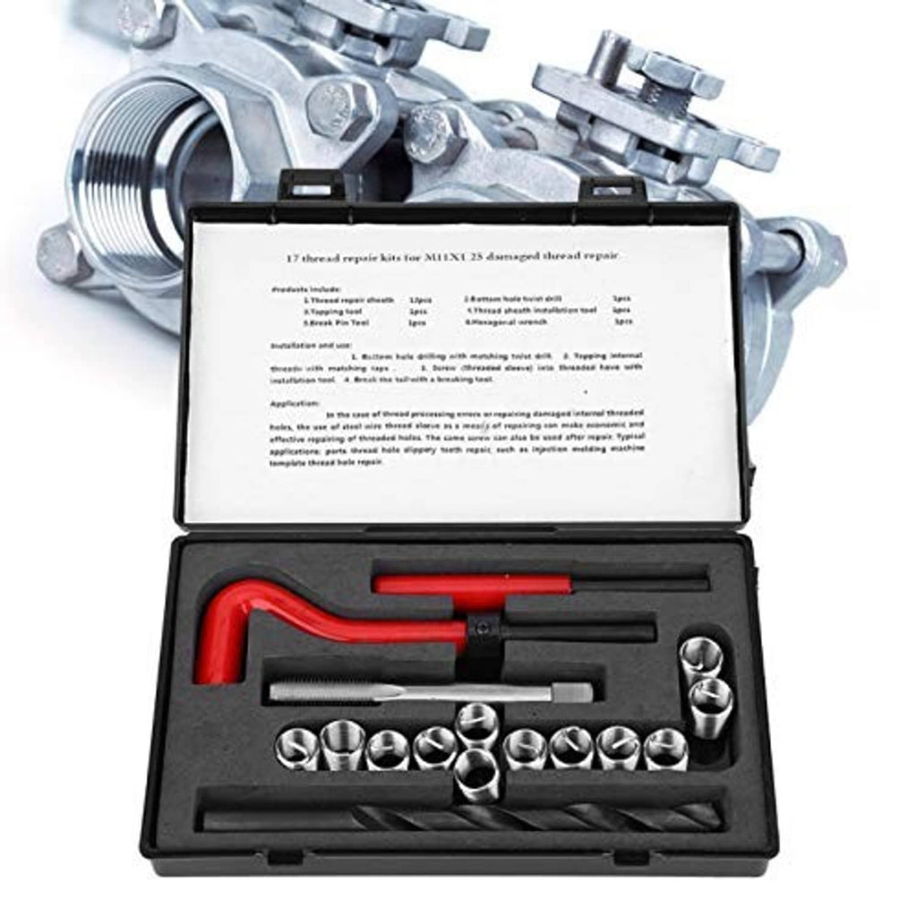 Thread repair kit shown with instruction card and tools in open black case